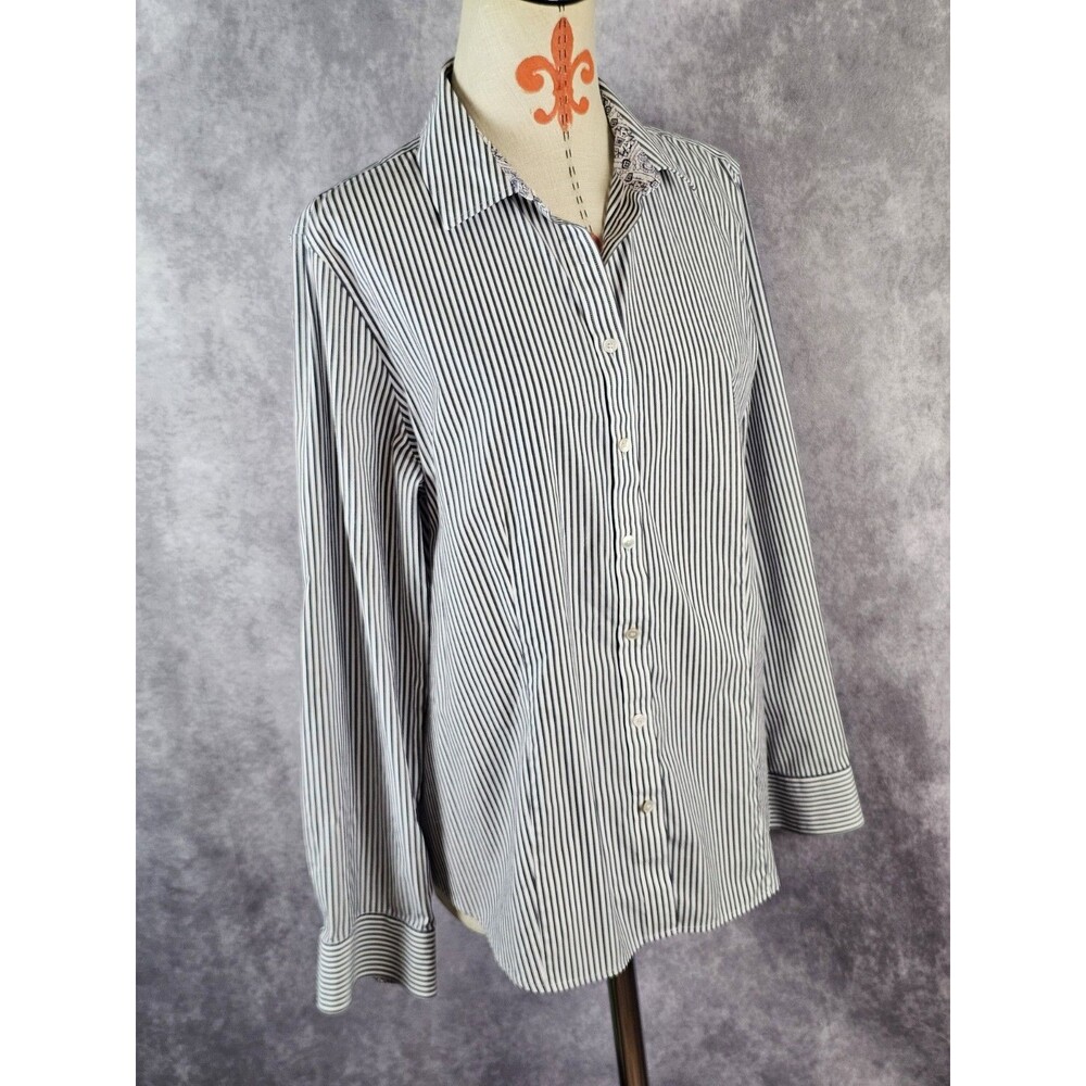 Talbots Women 16 Gray White Stripe Button Up Shirt Long Slv Wrinkle Resistant